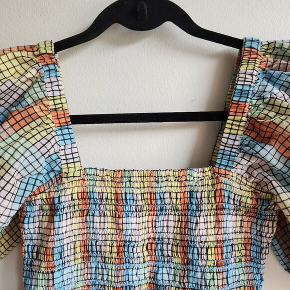 GANNI Shirred Puff Sleeve Seersucker Top in Pastel Check - US 4 (S) - Picture 8 of 16